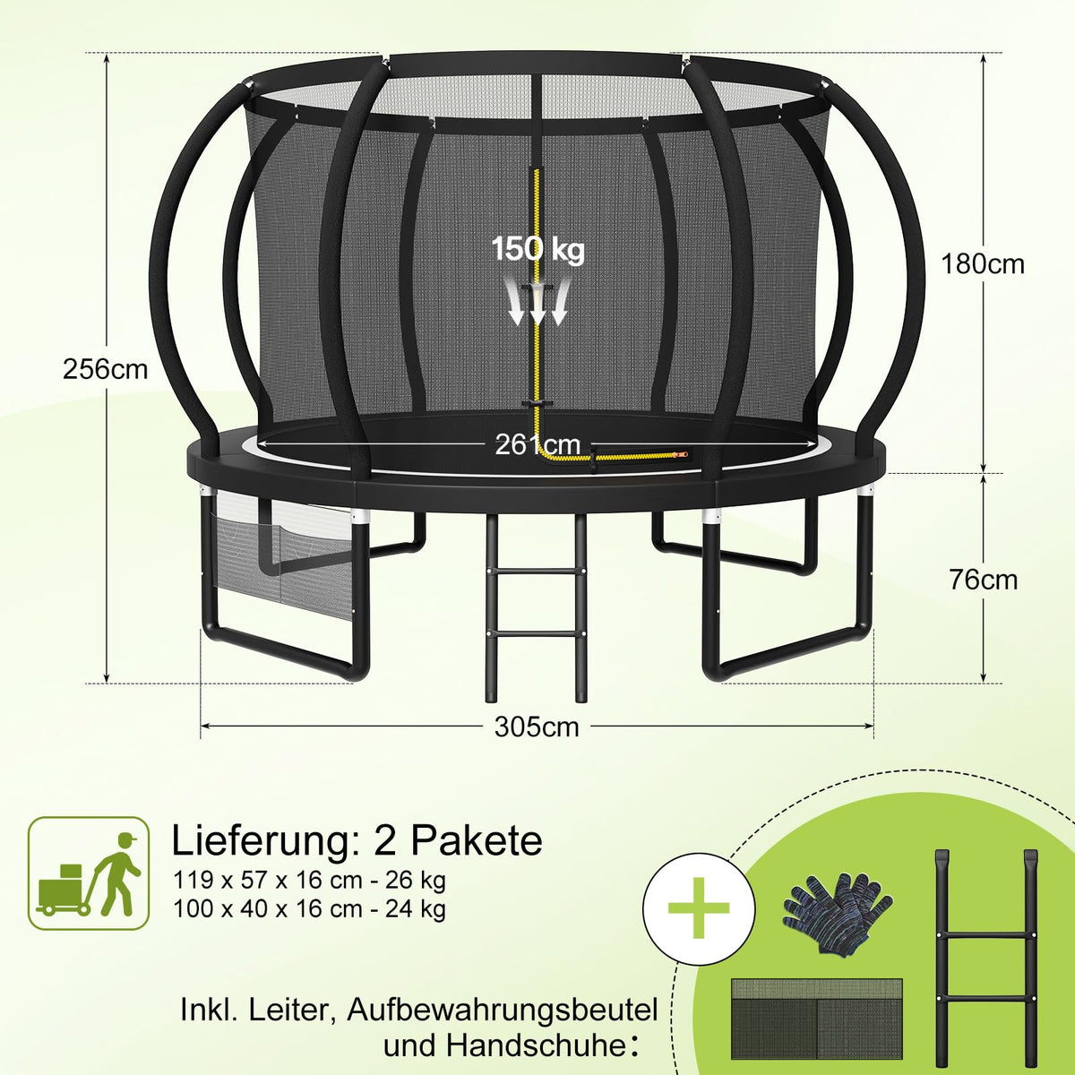 Kindertrampolin Gartentrampolin Ø 228/305/366/427/488 cm GS Zertifikat Sicherheitsnetz rund Leiter Schuhbeutel