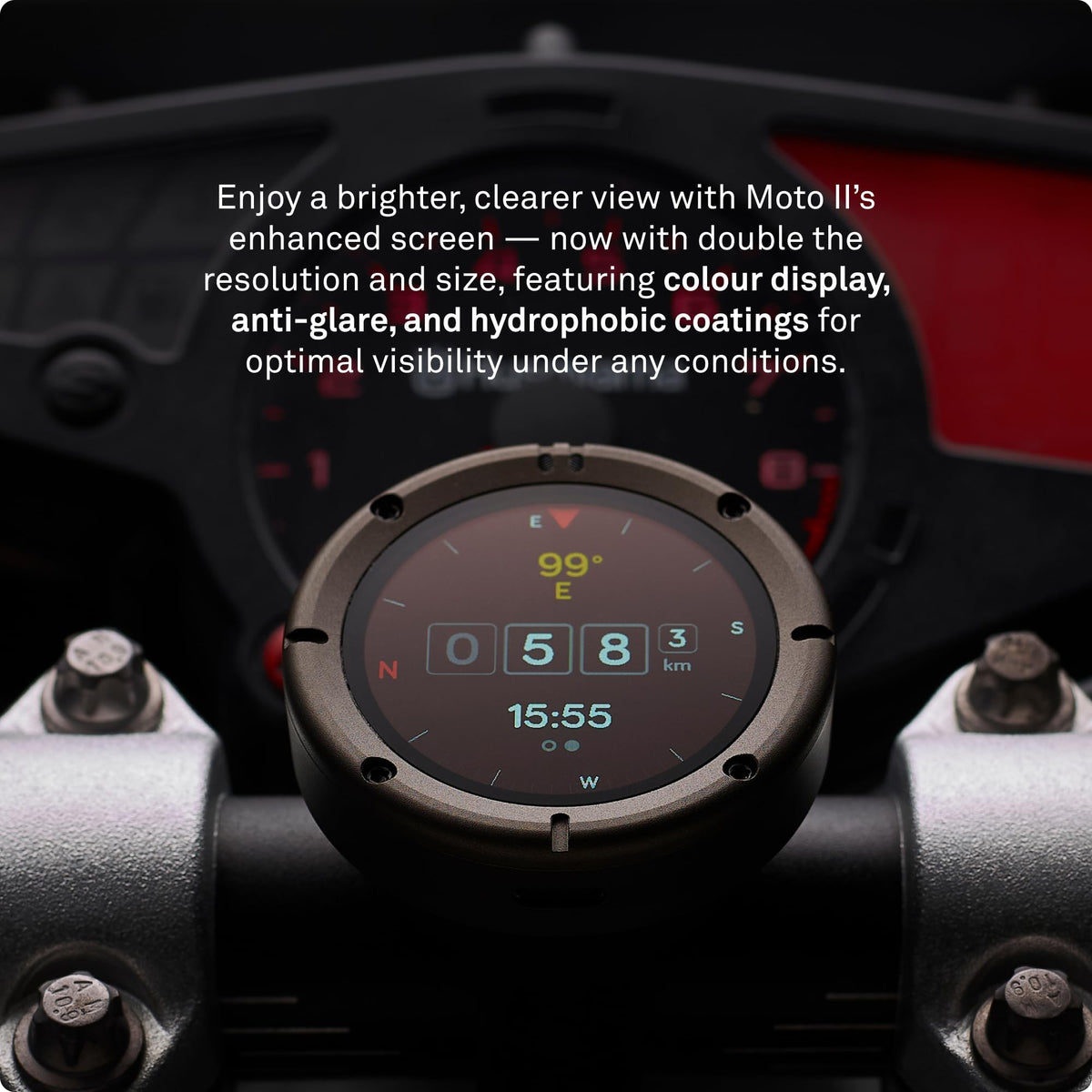 Moto II Motorradnavi, Globalnavigation, Minikartenschnittstelle, 14h Akku, IP67, USB C, Riemenhalterung