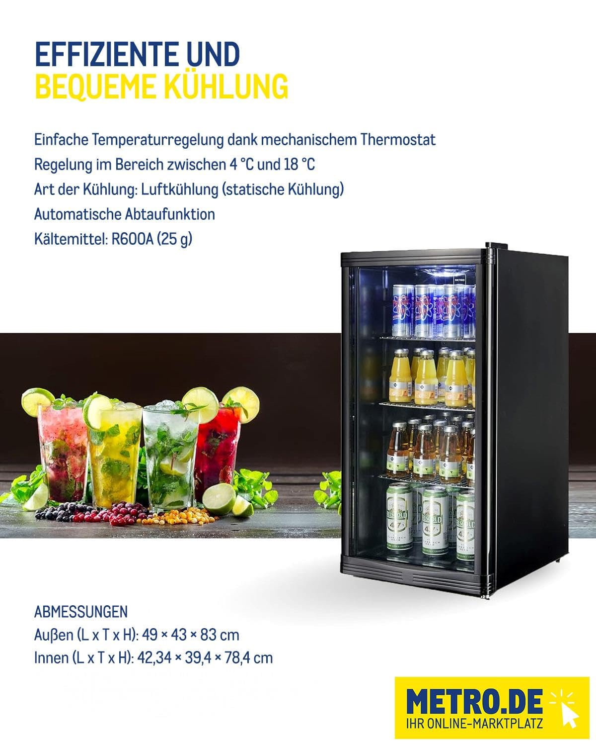 Mini Kühlschrank GPC1088 88L 1.052kWh/24h 3 Edelstahlböden reversible Glastür 39dB LED Energieklasse D