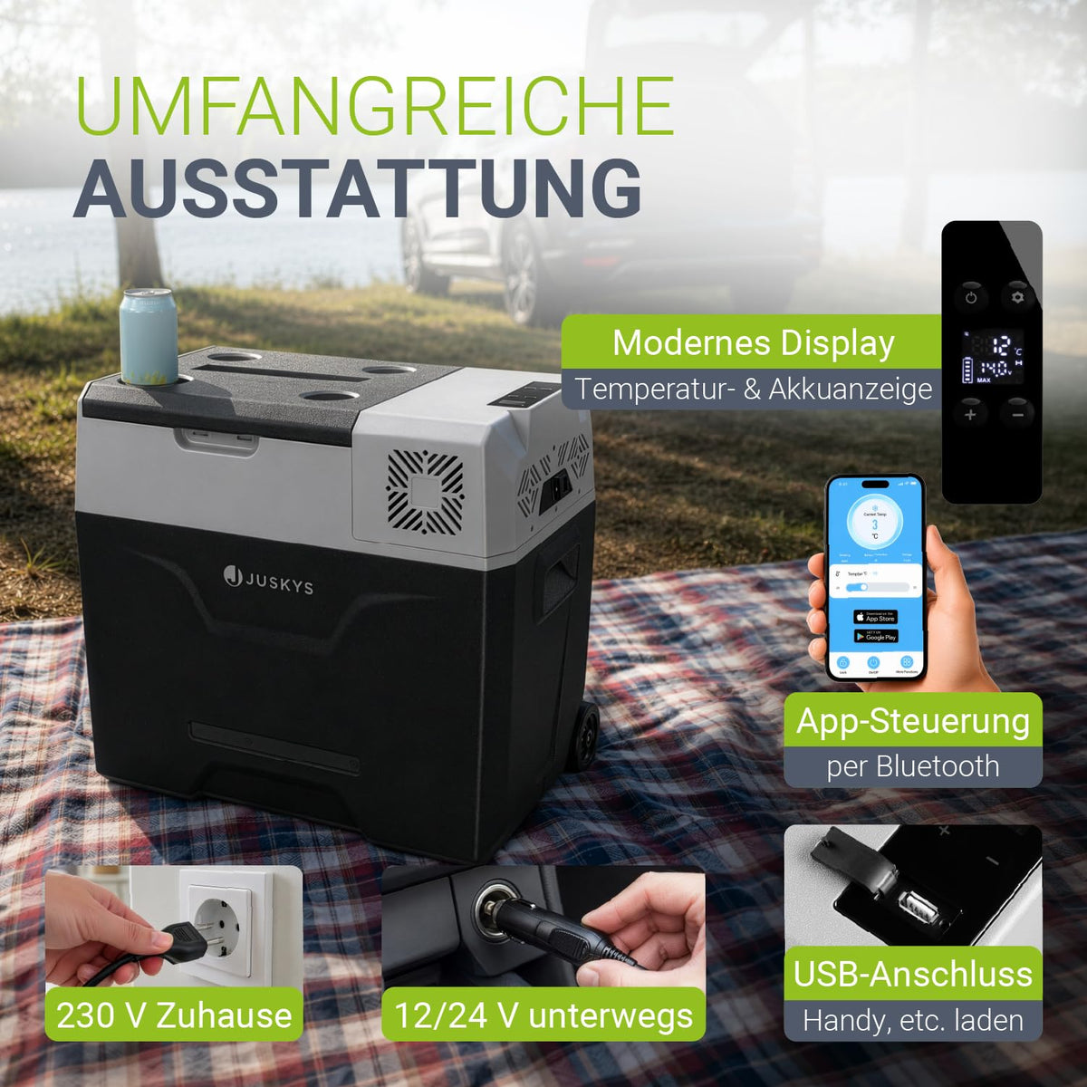 Kompressor Kühlbox 50 Liter 12/24/230 V Auto LKW Reisemobil Camping kalt und warm mit Steckdose Grau