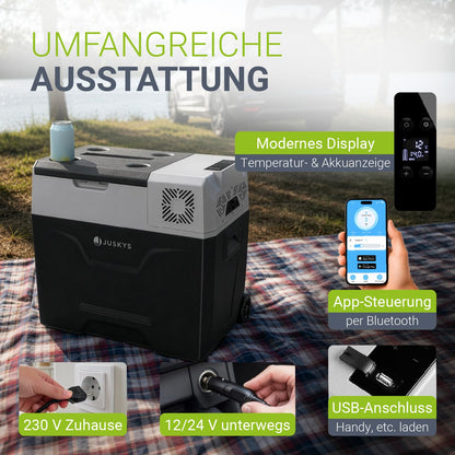 Kompressor Kühlbox 50 Liter 12/24/230 V Auto LKW Reisemobil Camping kalt und warm mit Steckdose Grau