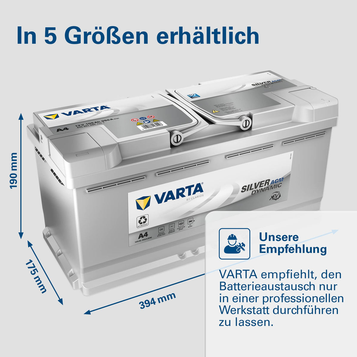 Silver Dynamic AGM Batterie A4 Start Stop xEV 12V 105Ah 950A Starterbatterie für Autos mit hohem Energiebedarf