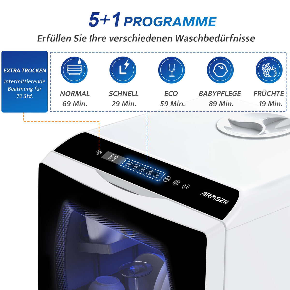 Mini Tischgeschirrspüler, 5+1 Programme, 5L Wassertank, Touch Control LED Display, Energieklasse D