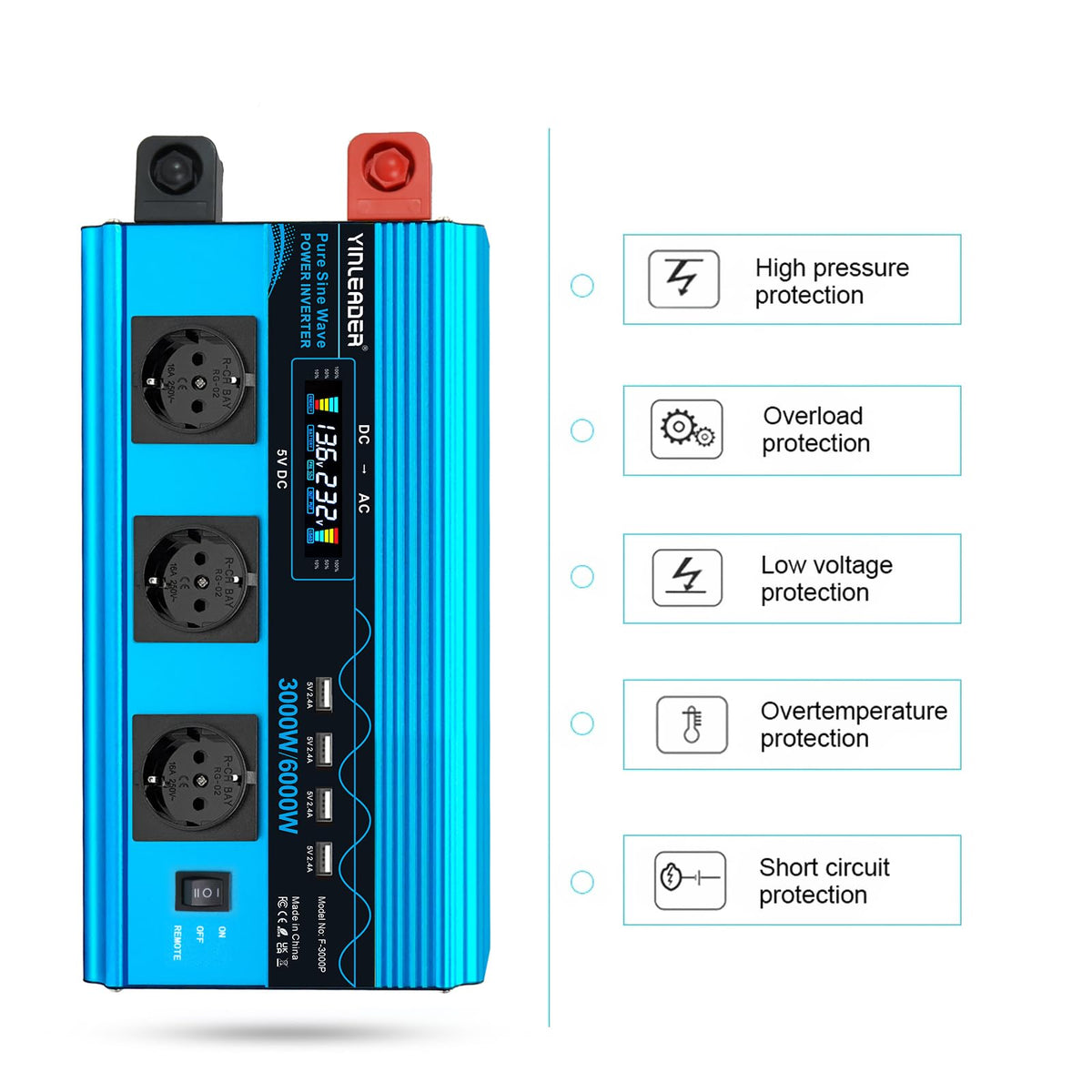 Reiner Sinus Wechselrichter Spannungswandler 3000W 6000W 12V 230V 3 EU Steckdosen 4 USB LCD Spannungsanzeige