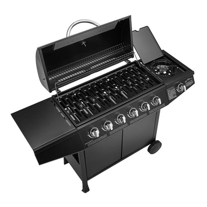 Basic 6 plus 1 BBQ Gasgrill Grillwagen mit Edelstahlbrenner und Seitenkocher für Garten und Terrasse
