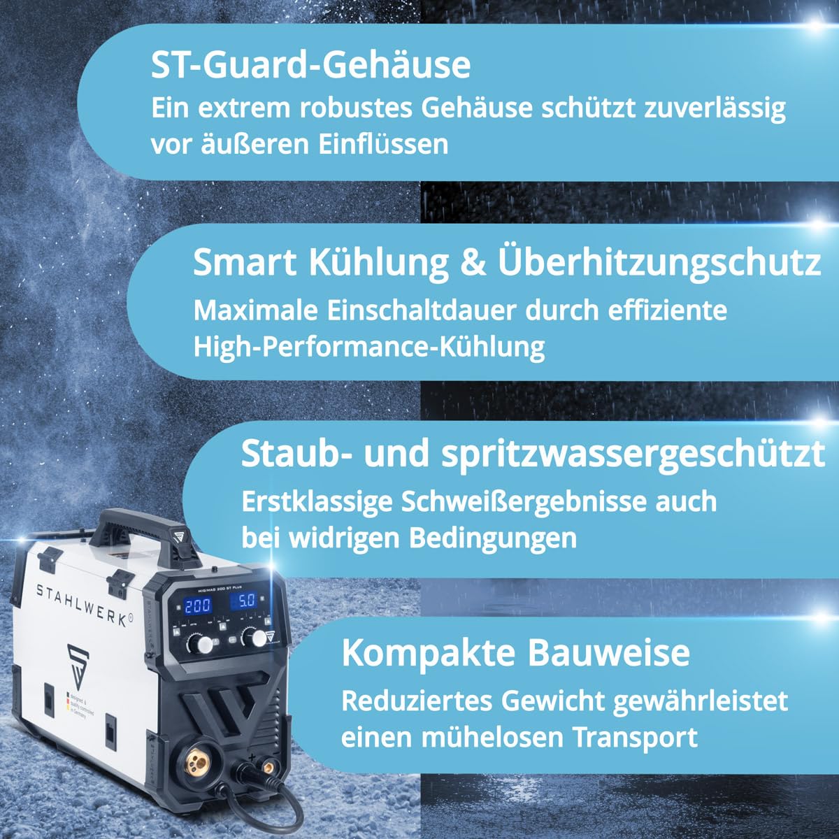 Schutzgasschweißgerät MIG/MAG 200 ST, IGBT Inverter, 200 A, synergischer Drahtvorschub, FLUX, Lift TIG, MMA