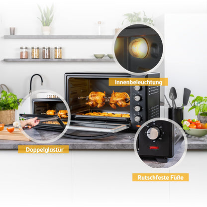 Minibackofen 60L 2000W Pizzaofen 230°C 6 Modi 60 Min Timer 4 Einschubhöhen Backblech Grillrost Drehspieß A++