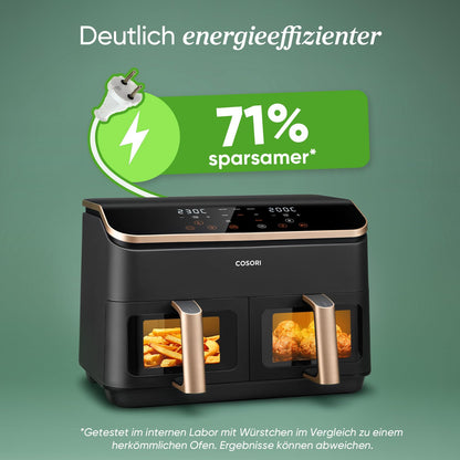 Airfryer, Mit Sichtfenster, 8,5L Heißluftfritteuse 2 Kammern, NTC-Tech für präzise Temperaturkontrolle, Gold