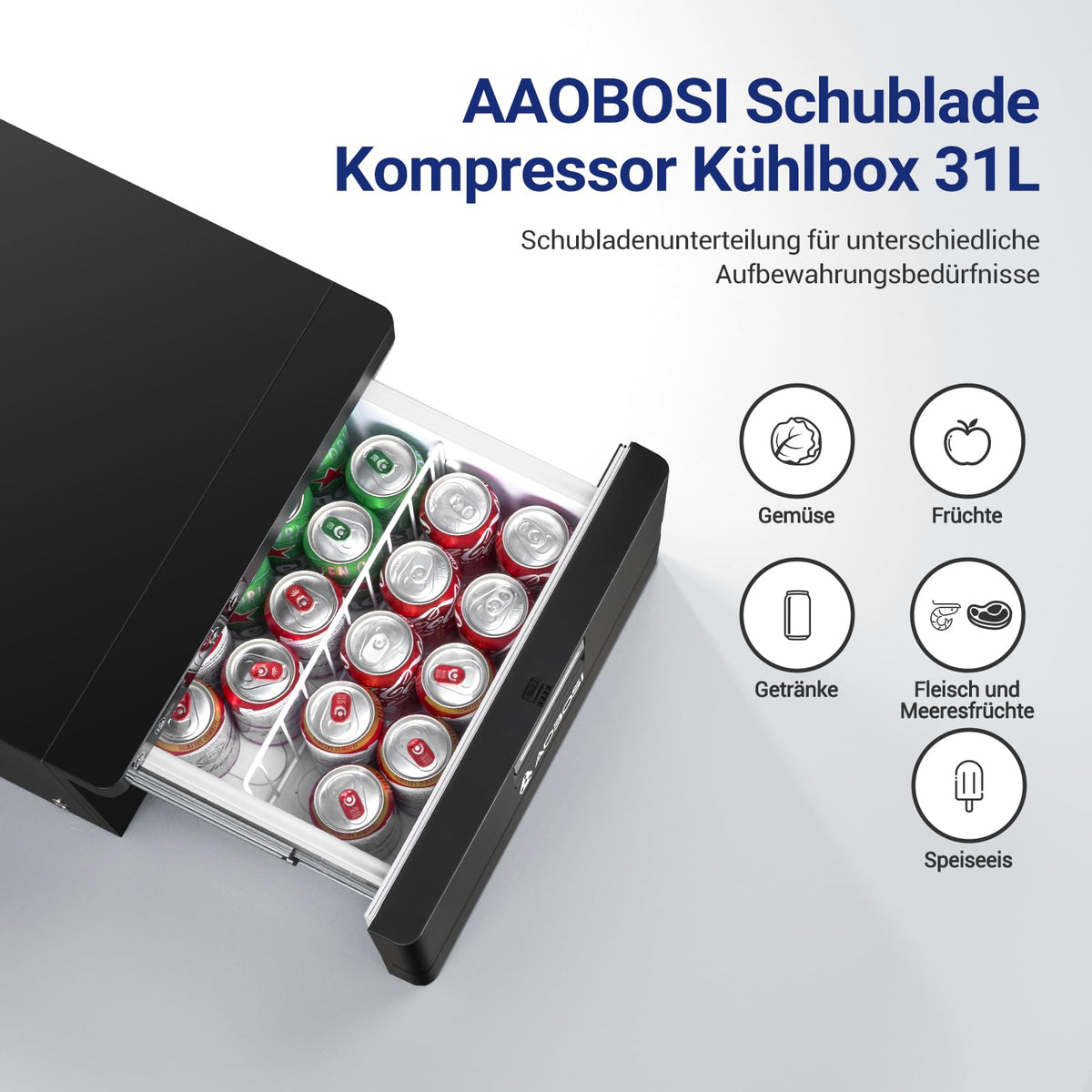 31L Schublade Kompressor Kühlbox 12V/24V App Steuerung -20°C bis 20°C Max Eco Modus für Auto LKW Boot Camping