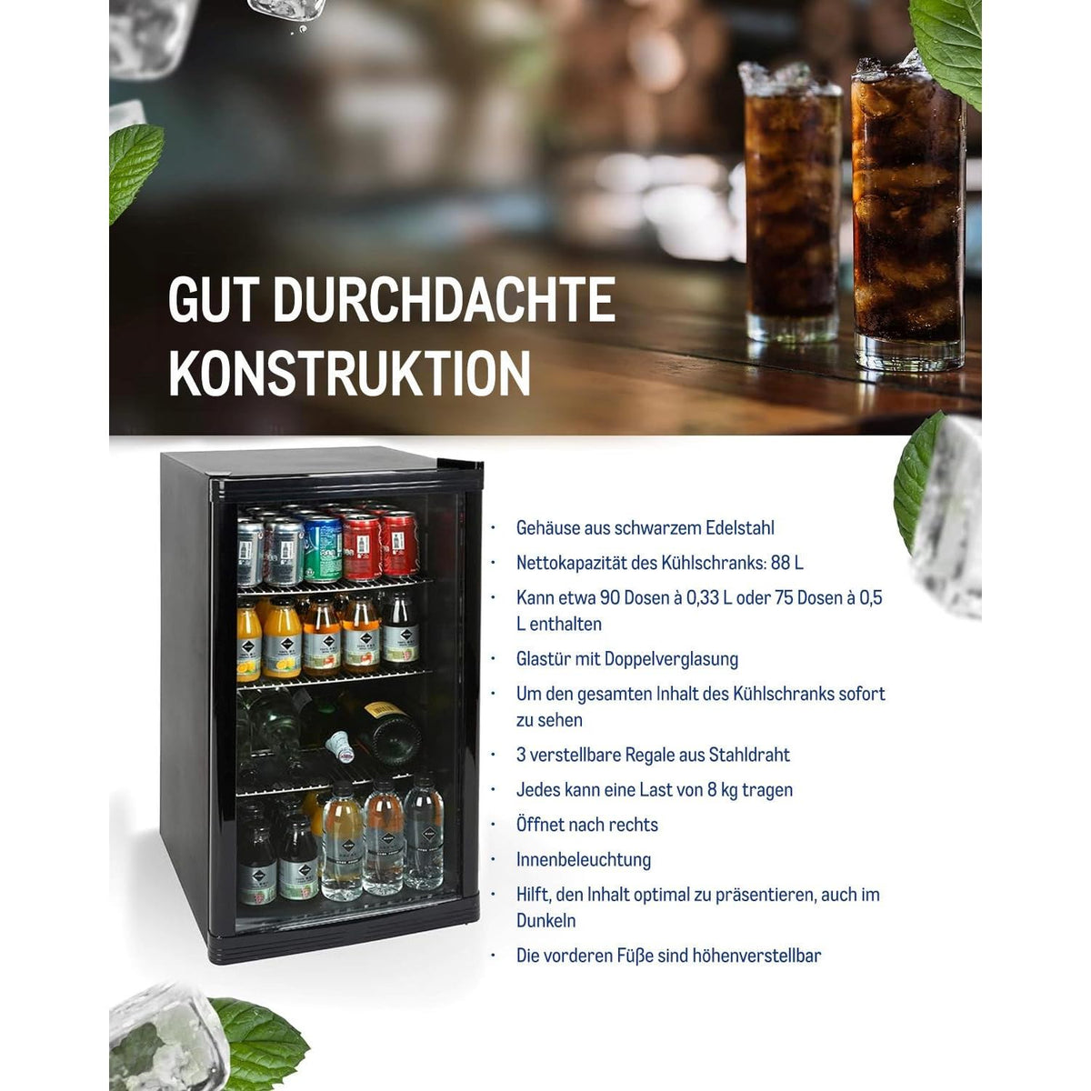 Mini Kühlschrank GPC1088 88L 1.052kWh/24h 3 Edelstahlböden reversible Glastür 39dB LED Energieklasse D