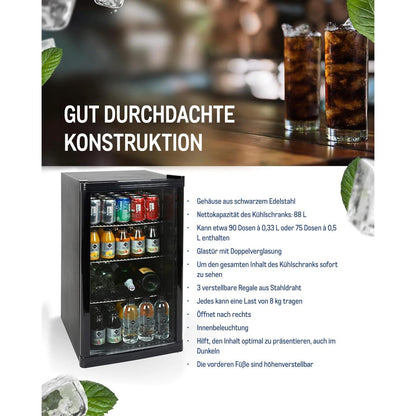 Mini Kühlschrank GPC1088 88L 1.052kWh/24h 3 Edelstahlböden reversible Glastür 39dB LED Energieklasse D