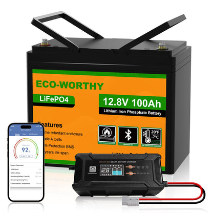 LiFePO4 12V 100Ah Bluetooth mit 12/24V 20A Ladegerät BMS Niedrigtemperaturschutz für Wohnmobil Boot Wohnwagen
