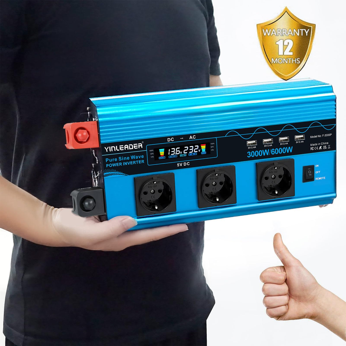 Reiner Sinus Wechselrichter Spannungswandler 3000W 6000W 12V 230V 3 EU Steckdosen 4 USB LCD Spannungsanzeige