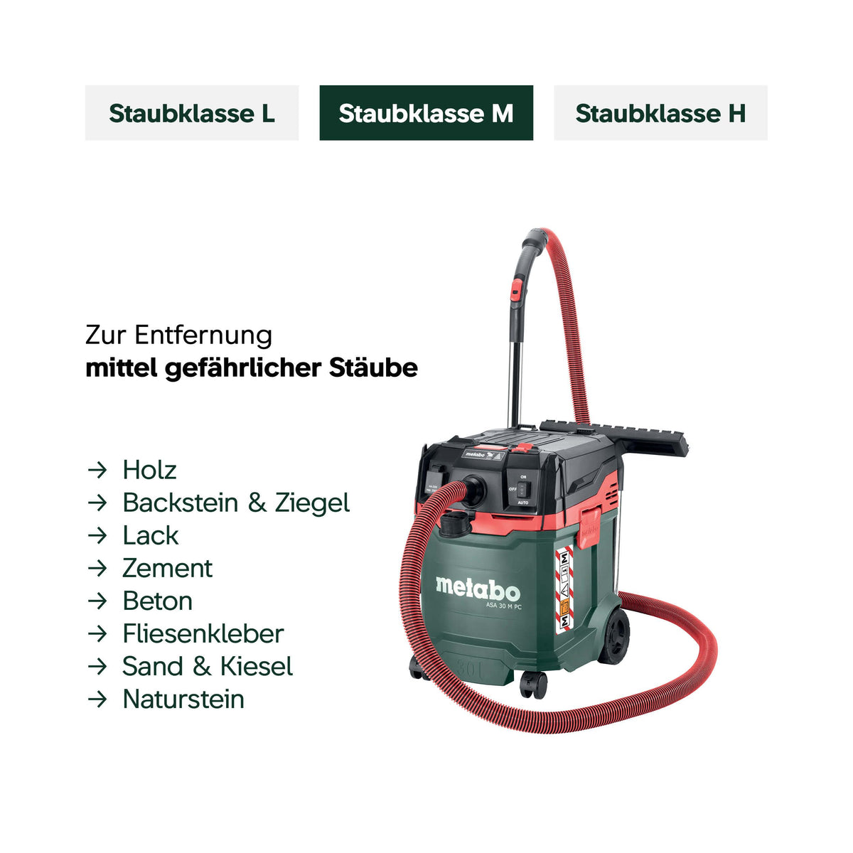 ASA 30 M PC Allessauger, 1200 W, Staubklasse M, 8m Kabel, 30l, Antistatikschlauch, Filterabreinigung, Zubehör