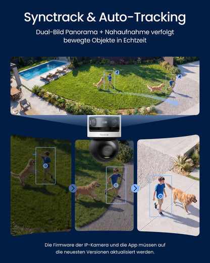 3 Objektiv PoE Außenkamera, OMVI 3i PoE, 10MP 180°, 4K PT Auto Tracking, KI Suche, Perimeter, Farb & IR, 24/7