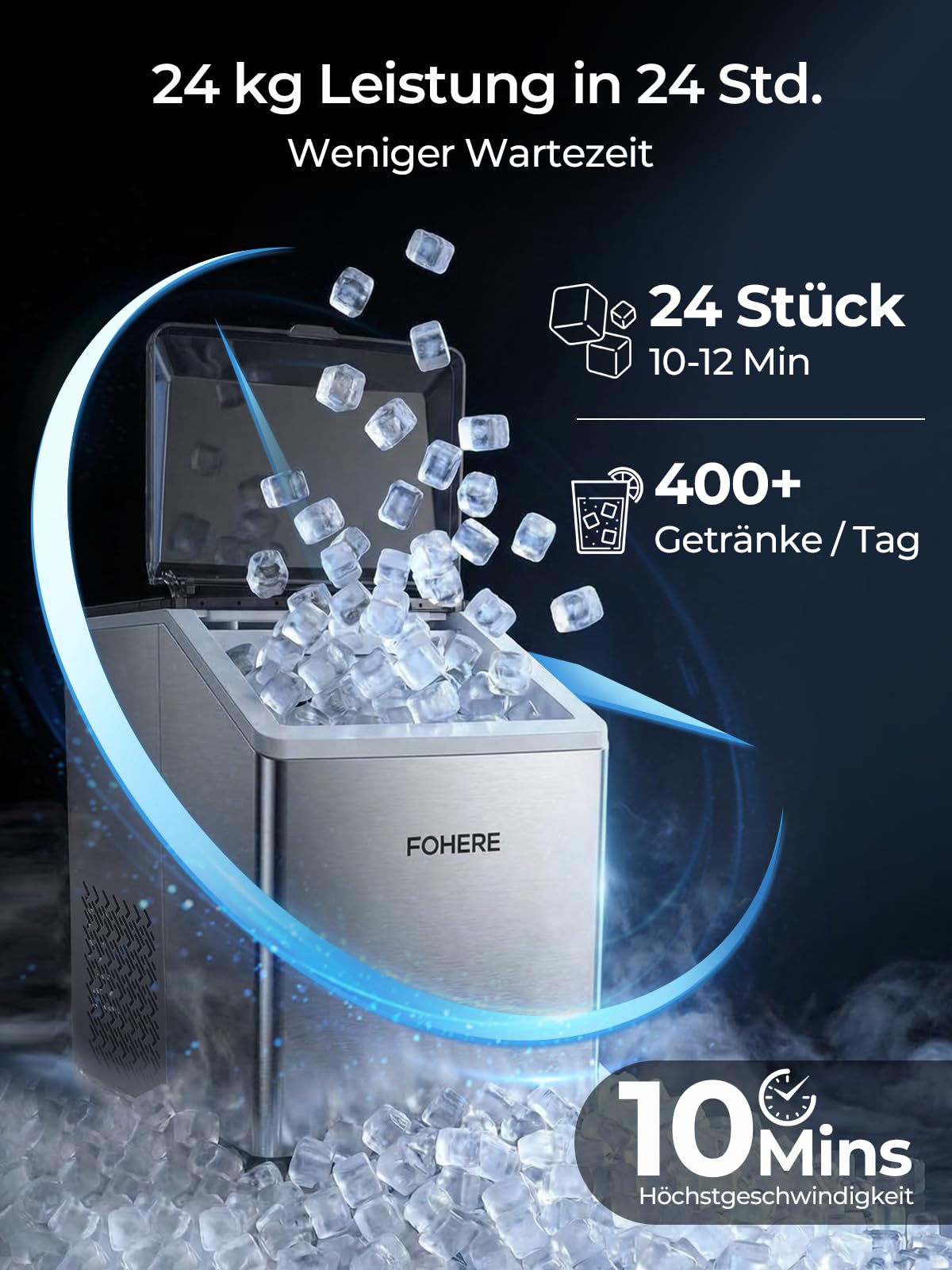 Eiswürfelmaschine Edelstahl 24kg/24h 24 Eiswürfel in 10min 3.2L Dualwasser 40dB Timer Selbstreinigung Abtauung
