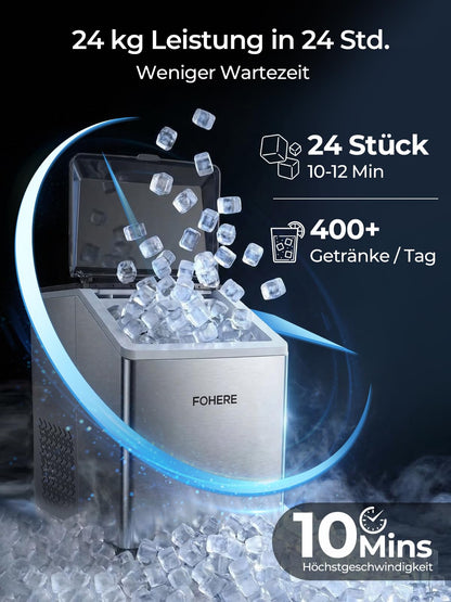 Eiswürfelmaschine Edelstahl 24kg/24h 24 Eiswürfel in 10min 3.2L Dualwasser 40dB Timer Selbstreinigung Abtauung