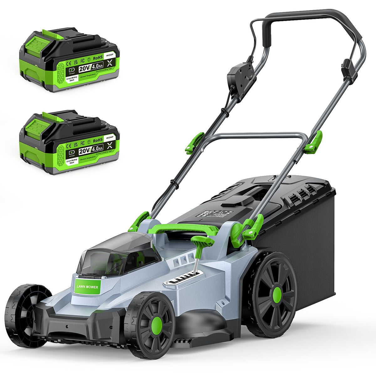 Akku Rasenmäher 40V 2x20V 43cm 500m² brushless mulch kit 50L Fangkorb 6 Schnitthöhen 2x4,0Ah mit Ladegerät