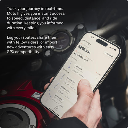 Moto II Motorradnavi, Globalnavigation, Minikartenschnittstelle, 14h Akku, IP67, USB C, Riemenhalterung