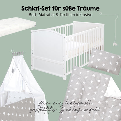 Babybett Set Little Stars 70 x 140 cm mitwachsend umbaubar mit kompletter Textilien Sterne Design höhenverstellbar Holz weiß