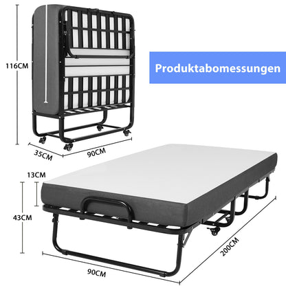 Klappbett 90x200cm Erwachsene mit 13cm Memoryschaum Matratze klappbar Metallrahmen mit Rollen 200kg belastbar