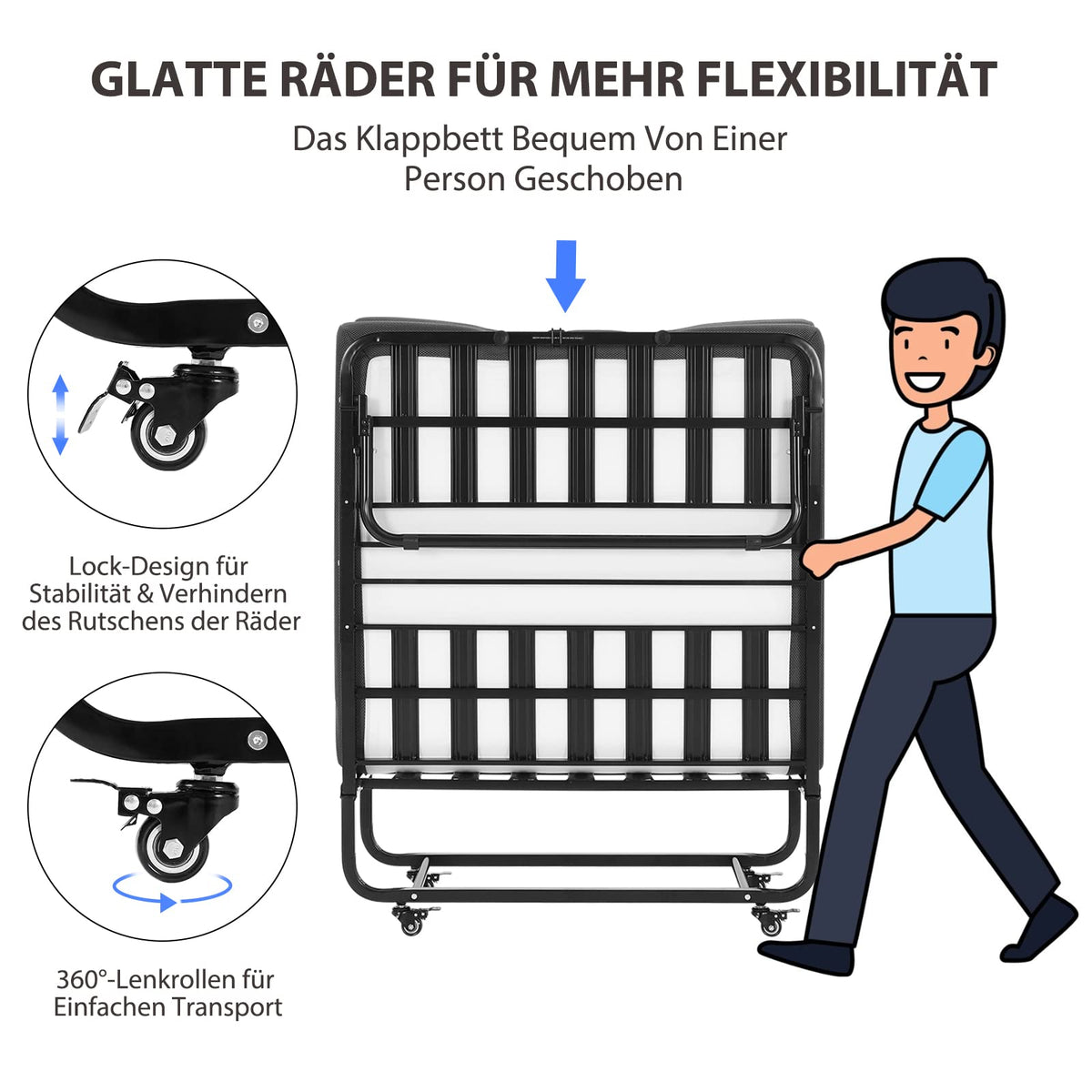 Klappbett 90x200cm Erwachsene mit 13cm Memoryschaum Matratze klappbar Metallrahmen mit Rollen 200kg belastbar