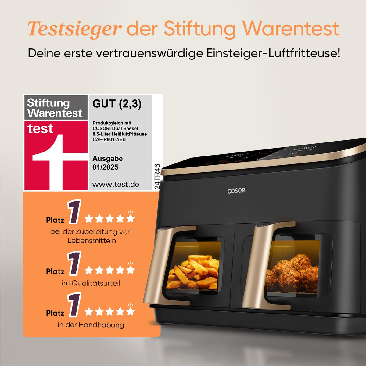 Airfryer, Mit Sichtfenster, 8,5L Heißluftfritteuse 2 Kammern, NTC-Tech für präzise Temperaturkontrolle, Gold