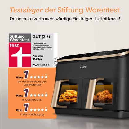 Airfryer, Mit Sichtfenster, 8,5L Heißluftfritteuse 2 Kammern, NTC-Tech für präzise Temperaturkontrolle, Gold
