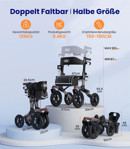 Rollator faltbar leicht mit Sitz Gummi Nonluftreifen höhenverstellbar Aluminium Grau Outdoor