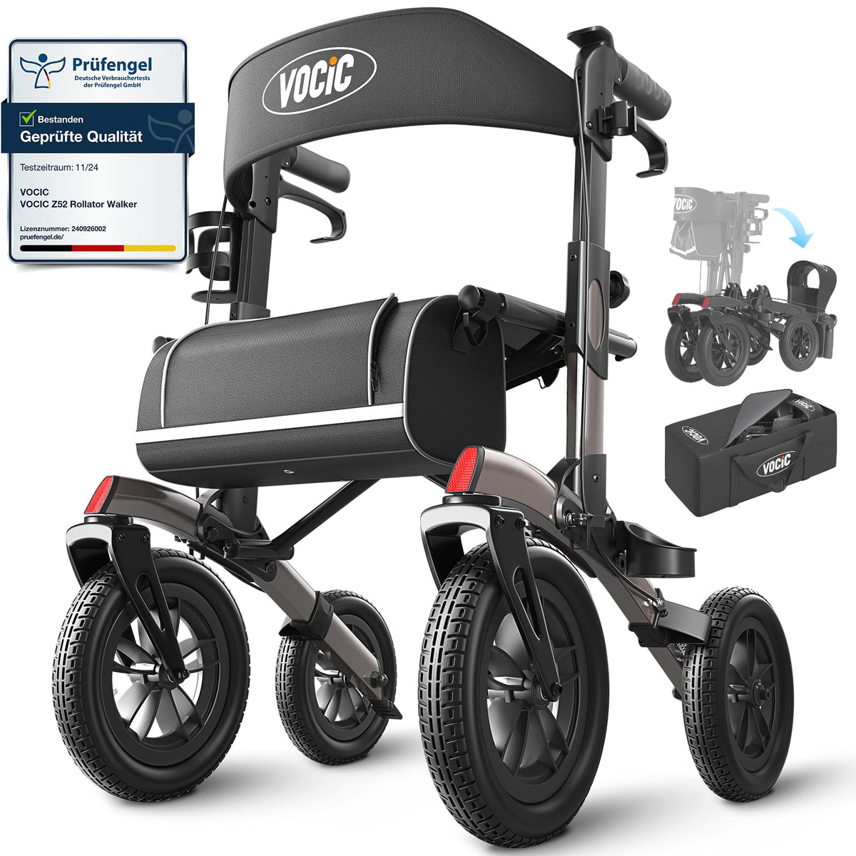 Rollator faltbar leicht mit Sitz Gummi Nonluftreifen höhenverstellbar Aluminium Grau Outdoor