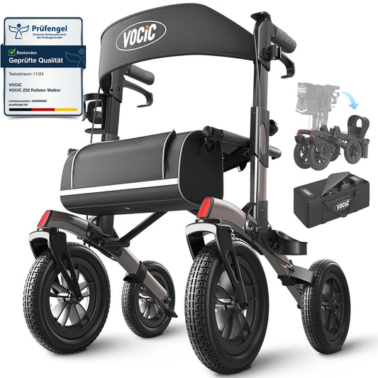 Rollator faltbar leicht mit Sitz Gummi Nonluftreifen höhenverstellbar Aluminium Grau Outdoor