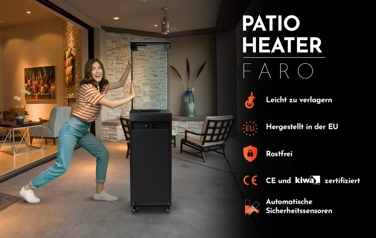 Faro Terrassenheizer Heizpilz Propangas schwarz 8kW tragbar freistehend mit Abdeckung für draußen 36x36x150cm