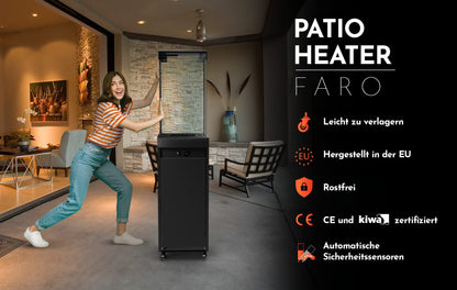 Faro Terrassenheizer Heizpilz Propangas schwarz 8kW tragbar freistehend mit Abdeckung für draußen 36x36x150cm
