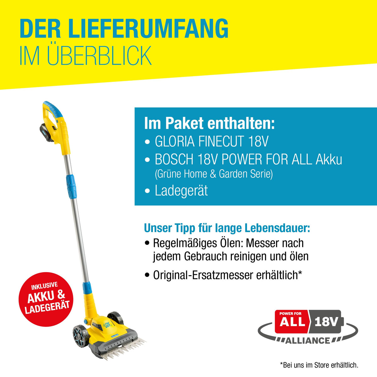 FineCut 18V Set, Rasentrimmer mit Akku, Rasenkantenschneider und Grasschere 25 cm, ideale Mähroboterergänzung