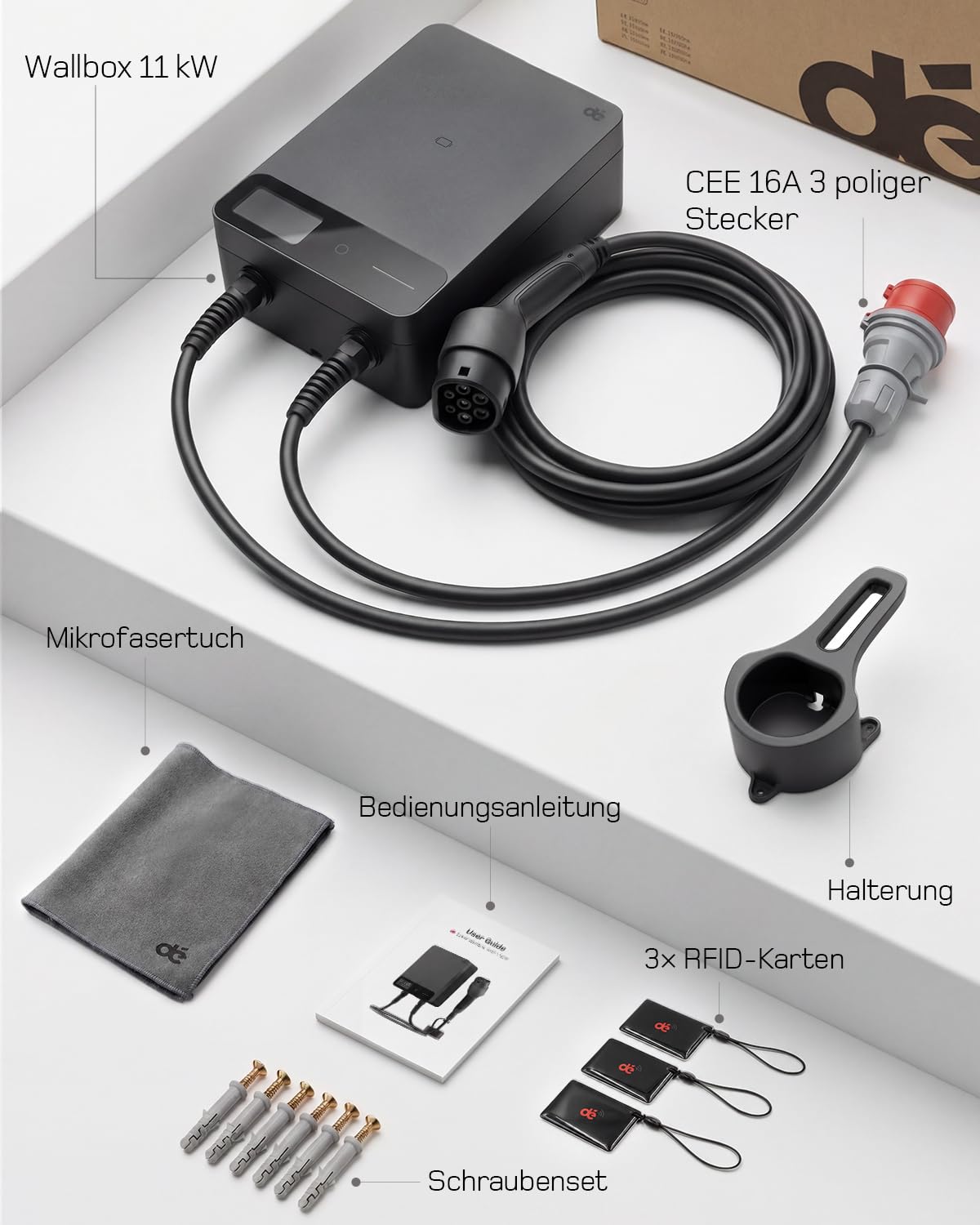 Wallbox 11kW, App, Typ 2 7,5m, 3 Phasen 400V, Schwarz, Kabelhalter, RCD Typ A 30mA AC/6mA DC, IP54, §14a EnWG