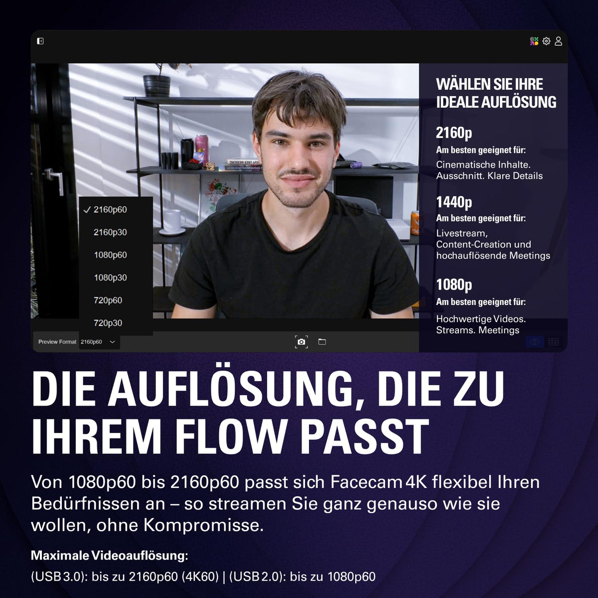 Facecam 4K 4K60 Studio Webcam DSLR ähnlich Sony STARVIS 2 Sensor 49 mm Objektivfilter unkomprimiert HDR USB-C