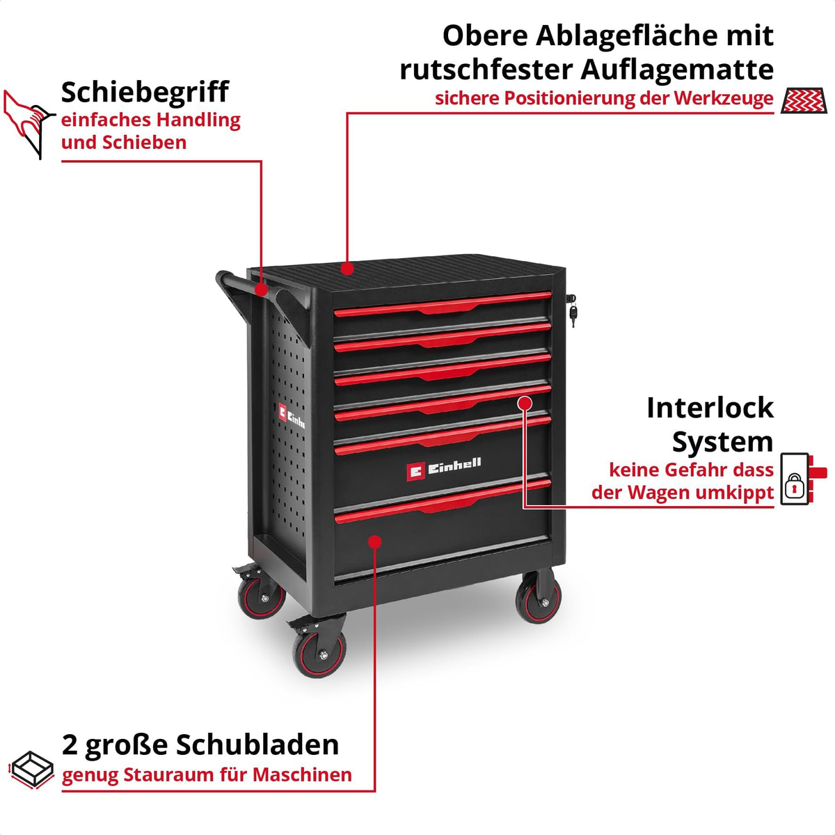 Werkstattwagen unbestückt, 6 Schubladen, Interlocksystem, Kugellagerschienen, Tragkraft 135 kg, Feststellrollen