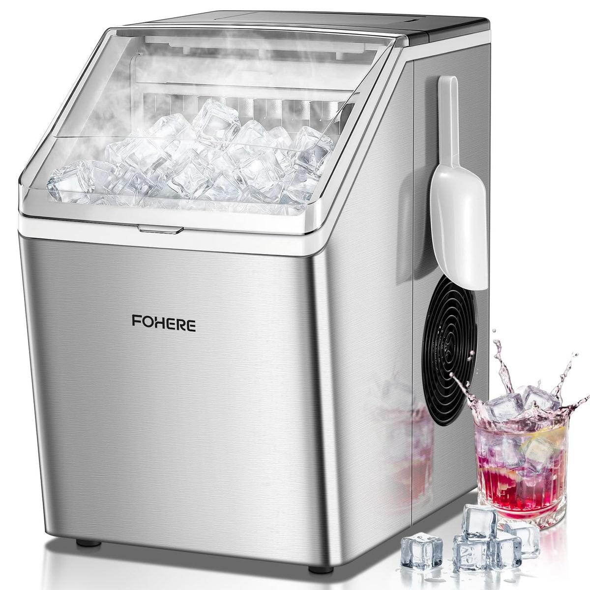 Eiswürfelmaschine Edelstahl 24kg/24h 24 Eiswürfel in 10min 3.2L Dualwasser 40dB Timer Selbstreinigung Abtauung