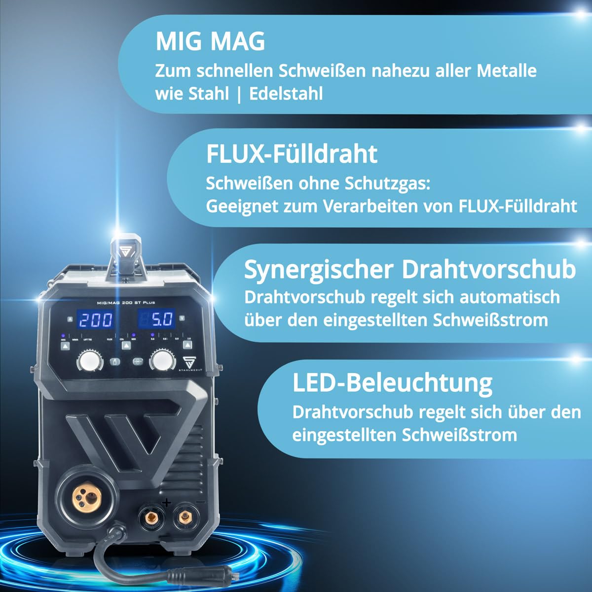 Schutzgasschweißgerät MIG/MAG 200 ST, IGBT Inverter, 200 A, synergischer Drahtvorschub, FLUX, Lift TIG, MMA