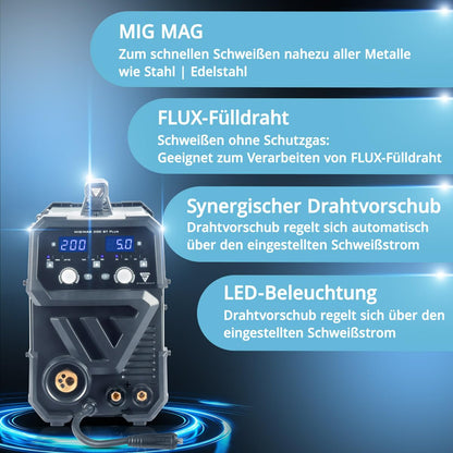Schutzgasschweißgerät MIG/MAG 200 ST, IGBT Inverter, 200 A, synergischer Drahtvorschub, FLUX, Lift TIG, MMA