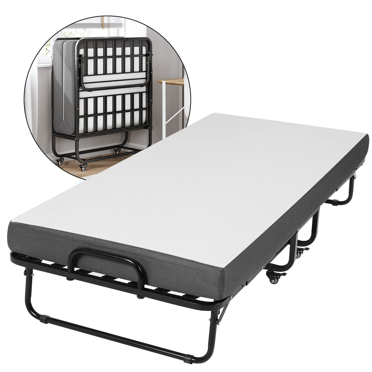 Klappbett 90x200cm Erwachsene mit 13cm Memoryschaum Matratze klappbar Metallrahmen mit Rollen 200kg belastbar