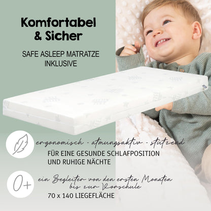 Babybett Set Little Stars 70 x 140 cm mitwachsend umbaubar mit kompletter Textilien Sterne Design höhenverstellbar Holz weiß