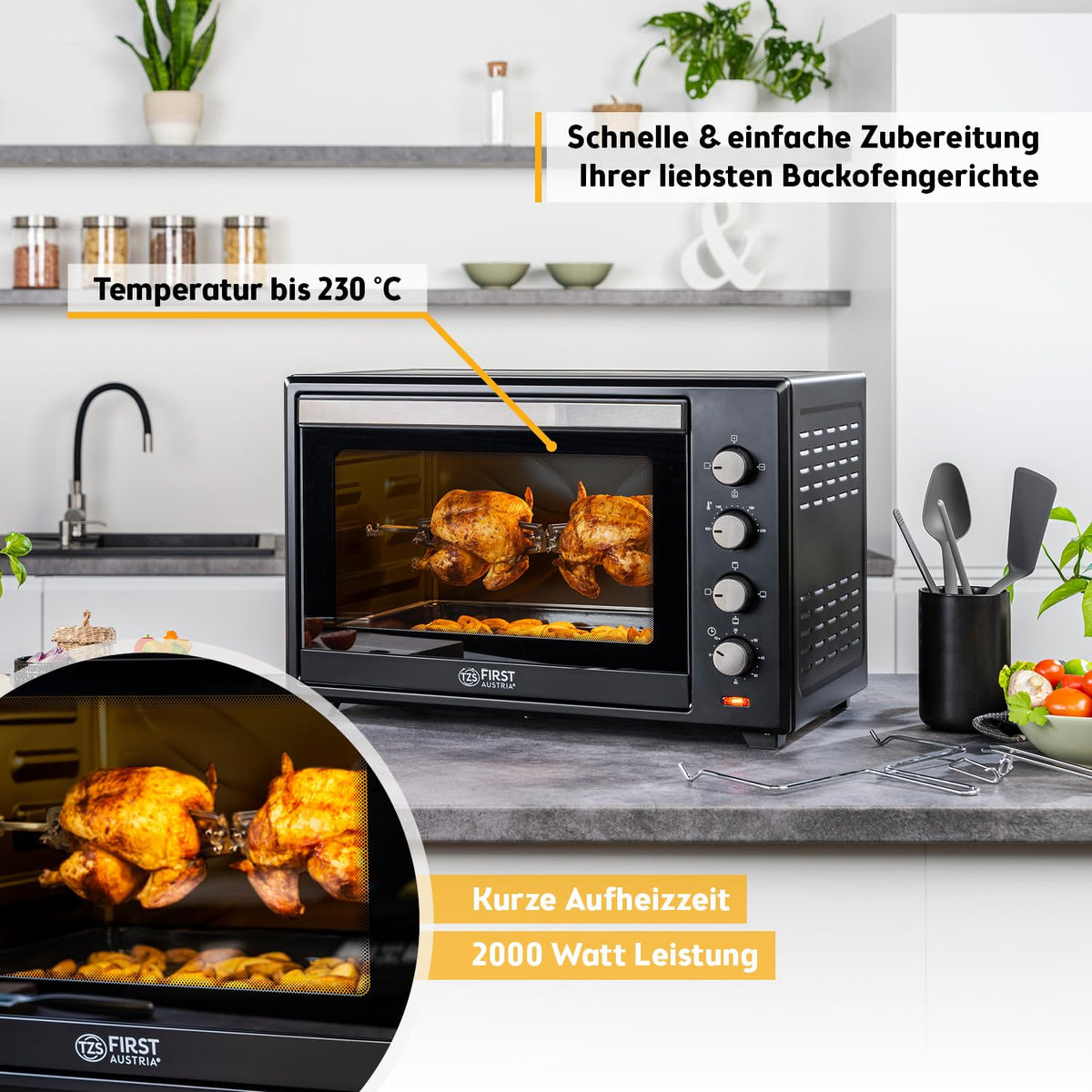 Minibackofen 60L 2000W Pizzaofen 230°C 6 Modi 60 Min Timer 4 Einschubhöhen Backblech Grillrost Drehspieß A++