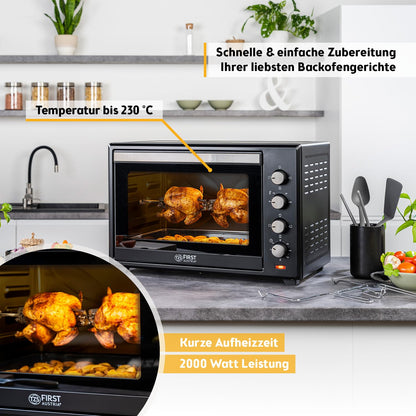 Minibackofen 60L 2000W Pizzaofen 230°C 6 Modi 60 Min Timer 4 Einschubhöhen Backblech Grillrost Drehspieß A++