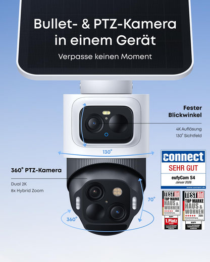 S4 Außenkamera 4K UHD Farbnachtsicht 8x Hybridzoom Solar 360° Multikamera Auto Tracking für HomeBase S380