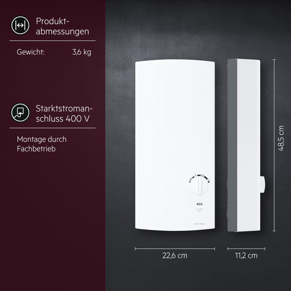 Durchlauferhitzer DDLE Basis 18/21/24 kW umschaltbar stufenlose Temperaturwahl 400V VDE Energieklasse A 222390
