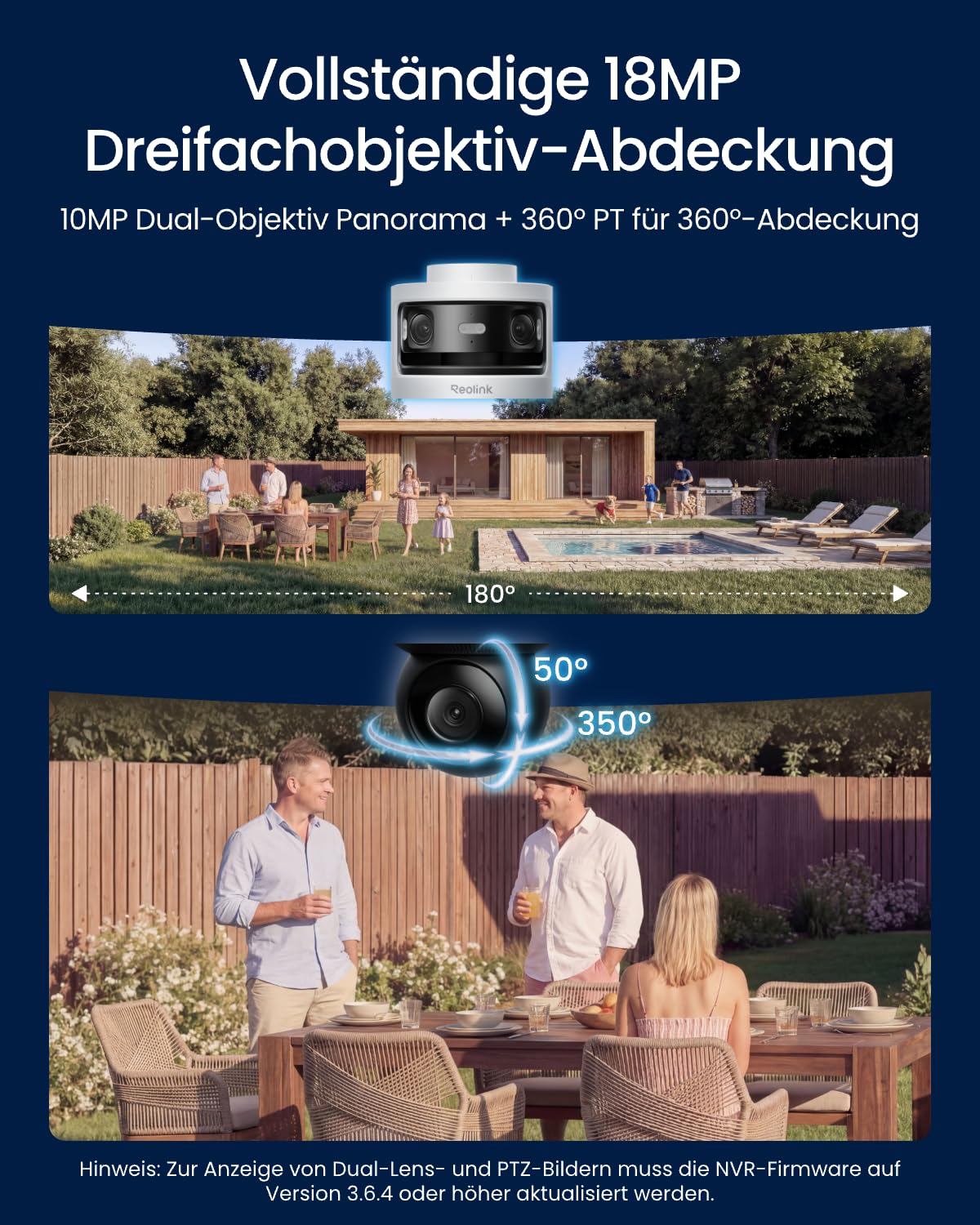 3 Objektiv PoE Außenkamera, OMVI 3i PoE, 10MP 180°, 4K PT Auto Tracking, KI Suche, Perimeter, Farb & IR, 24/7