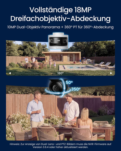 3 Objektiv PoE Außenkamera, OMVI 3i PoE, 10MP 180°, 4K PT Auto Tracking, KI Suche, Perimeter, Farb & IR, 24/7