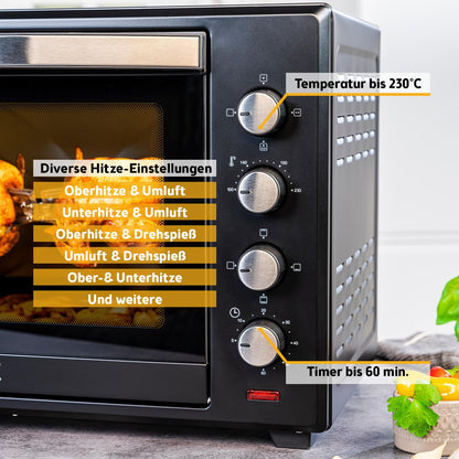 Minibackofen 60L 2000W Pizzaofen 230°C 6 Modi 60 Min Timer 4 Einschubhöhen Backblech Grillrost Drehspieß A++