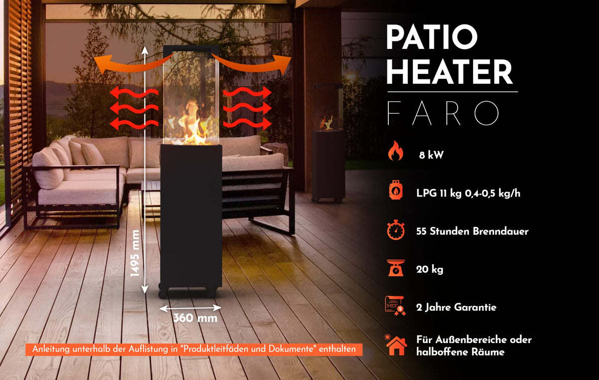 Faro Terrassenheizer Heizpilz Propangas schwarz 8kW tragbar freistehend mit Abdeckung für draußen 36x36x150cm